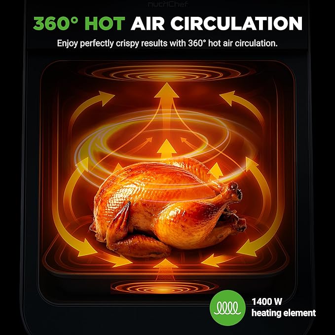 Nutrichef Electric Air Fryer Tenderizer 6.3 Quart | 12-1 Preset Cooking Functions | Includes Tenderizing Function | Digital Display | Transparent Window For Best Cooking Results | Black