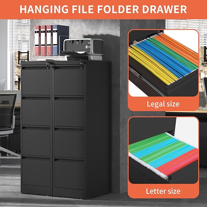 4 Drawer File Cabinet,Metal Filing Cabinets with Lock,Black Vertical File Cabinet for Home Office,Heavy Duty Metal Storage Cabinet for A4/Letter/Legal Size File,Assembly Required