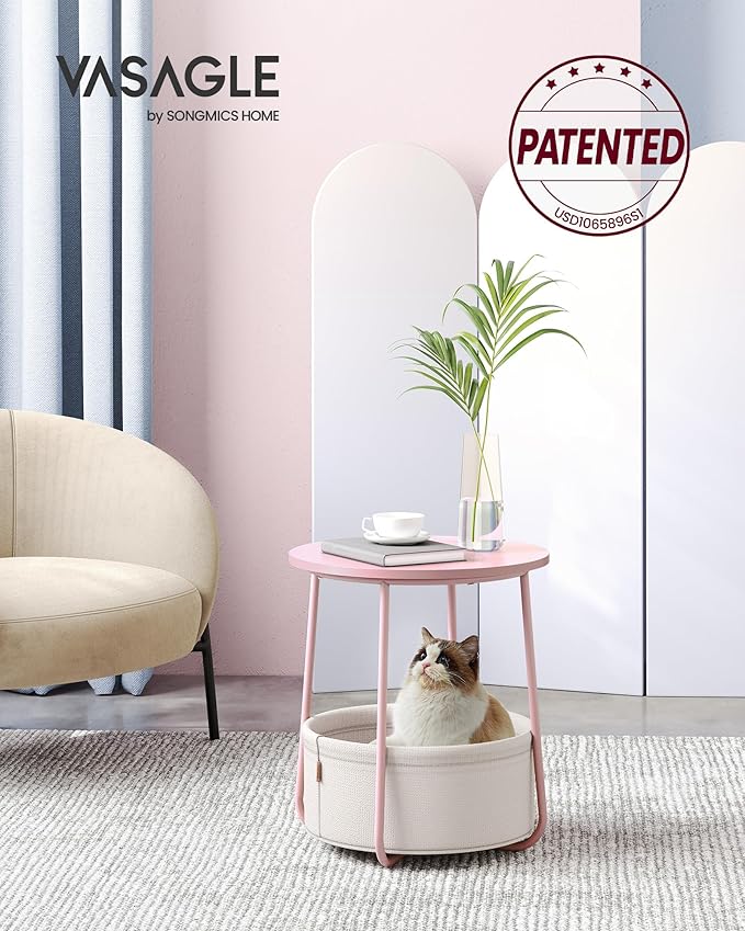 VASAGLE Small Round Side End Table, Modern Nightstand with Fabric Basket, Jelly Pink and Cream White ULET223R61