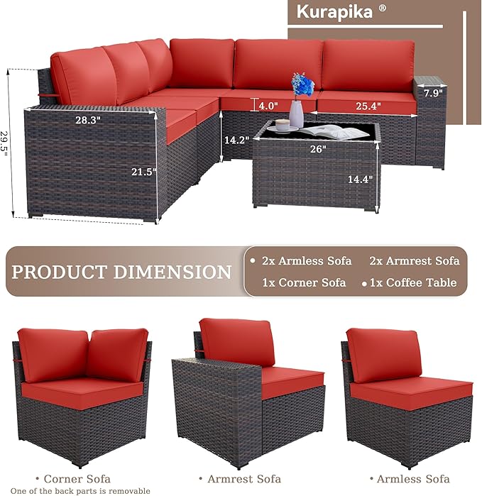 Kurapika 6 Pieces Patio Furniture Set, Rattan Wicker Outdoor Conversation Sets w/4 Inch Cushion and Glass Coffee Table(Red)