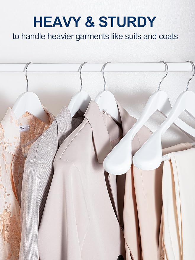 HOUSE DAY High-Grade Solid Wood Coat Hangers for Women, Wide Shoulder Wooden Hangers, Suit Hangers with Non Slip Pants Bar, Smooth Finish 360° Swivel Hook for Dress, Heavy Clothes Hangers 6 Pack White