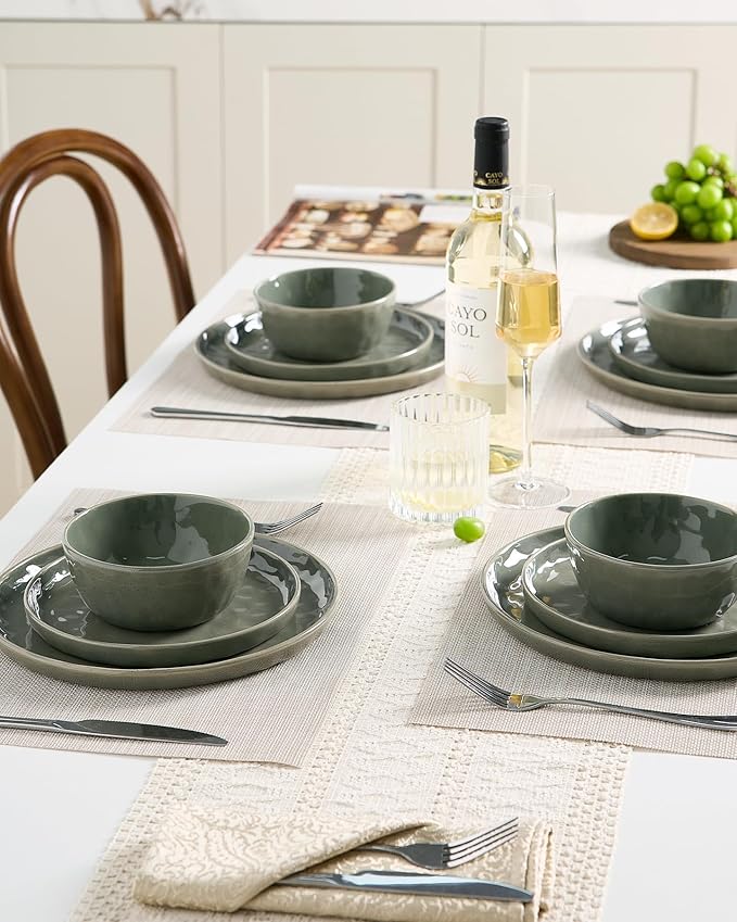 Famiware Mars Plates and Bowls Set, 12 Pieces Dinnerware Sets, Dishes Set for 4, Sage Green