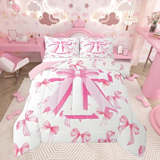 jejeloiu Kids Girls Cute Pink Bow Comforter Set Twin Size Monogrammed Bedding Set Ultra Soft Personalized Initial T Duvet Quilt Coquette Bow Knot Quilt Set Room Decor Modern Fashion Comforter