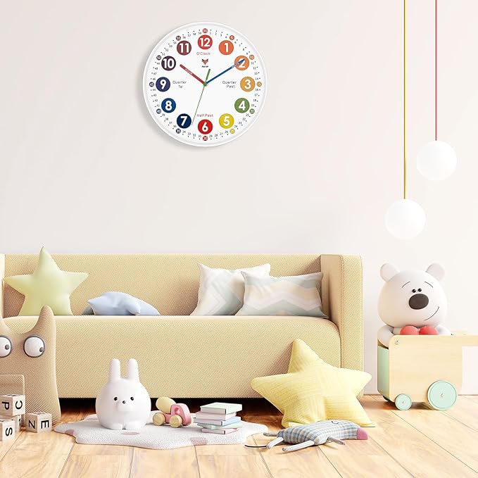 Foxtop Learning Clock for Kids - Telling Time Teaching Clock 12 Inch Silent Non-Ticking Battery Operated Analog Kids Wall Clock for Kids Room Playroom Nursery Classroom School (White)