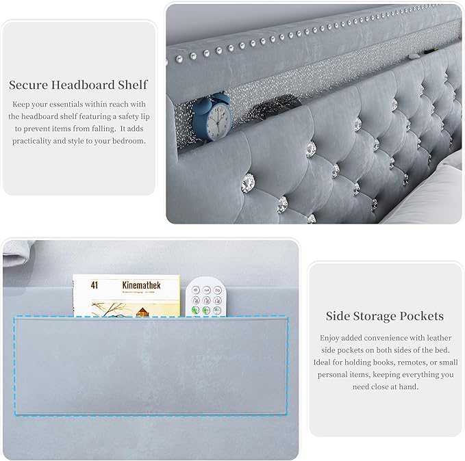 Queen Led Bed Frame with 2 Drawers, Modern Sturdy Adjustable Upholstered Crystal Button Tufted Headboard Platform Bedframe with Storage, No Box Spring Needed, Noise-Free, Easy Assembly, Velvet Grey