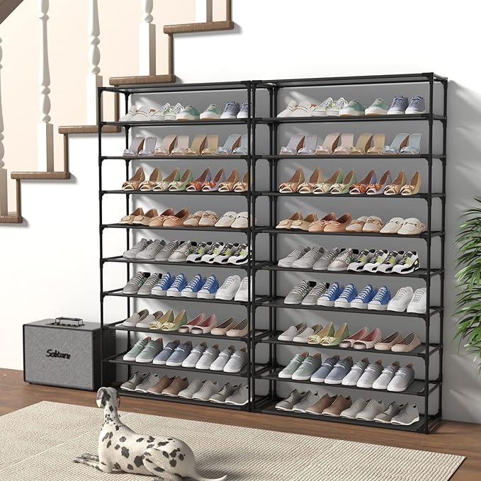 TY ARTS & CULTURE 2 Pack 10-Tiers Shoe Rack Organizer, Sturdy Metal Pipes & Durable Non-Woven Fabric, Space Saving Tall Shoe Shelf Hold 80-100 Pairs, Shoe Racks for Entryway (Black)