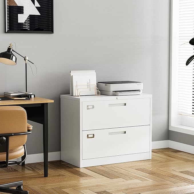 Lateral Filing Cabinet,2 Drawer File Cabinet with Lock,Office Lateral File Cabinets for Legal/Letter A4 Size,Require Assembly, White