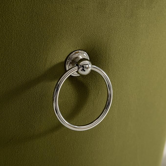 Goujxcy 5 Piece Round Glass Dining Table Set for 4, 47" Round Dining Table & Chair Set Modern Circle Glass Kitchen Table and 4 Velvet Upholstered Chairs for Kitchen Dining (Silver & Olive-Green)