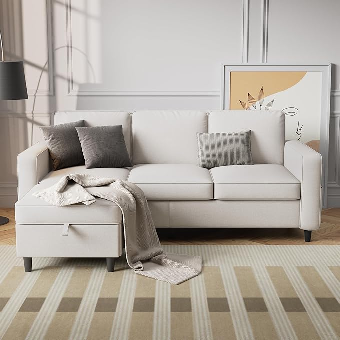 Sectional Sofa Couches for Living Room - 78'' Beige 3 Seat L-Shaped Couch with Storage Ottoman, Modern Linen Convertible Sectionals Sofas with Chaise for Apartment, Office, Small Space