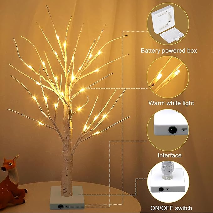 Set of 2 Warm White Birch Tree Light with Battery or USB Powered 24 LED Fairy Light Spirit Tree Tabletop Twinkling Tree Light Decor for Home Party Bedroom Wedding Thanksgiving Christmas Decoration