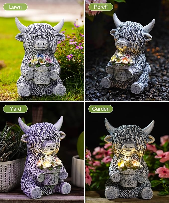 Nacome Solar Garden Highland Cow Holding Succulent Planter with LED Lights Outdoor Decor for Outside Yard Patio Balcony Porch Decorations - Birthday Gifts Mom Grandma Women(Grey)