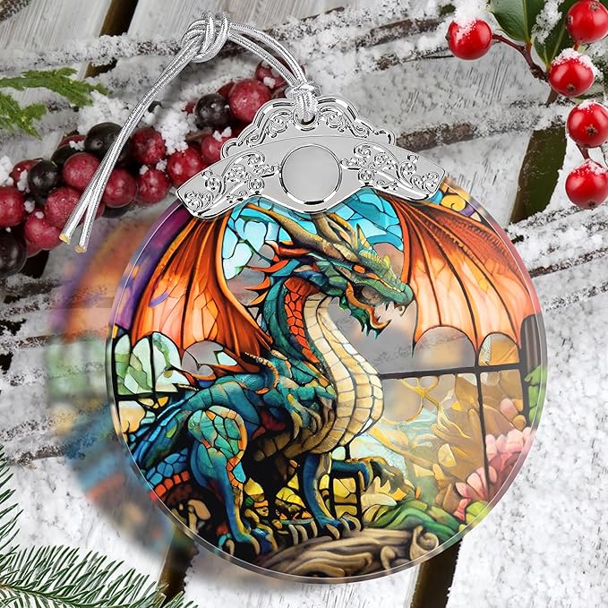 Dragon Christmas Ornament, Stained Glass Hanging Ornament, Christmas Tree Decoration, Holiday Ornament - Dragon with Wingspan