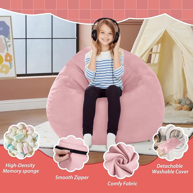 2FT Bean Bag Chair with Ultra Soft Velvet Cover Bean Bag Sofa with Memory Foam Bean Bag Chairs with Large Size Lazy Sofa for Dorm Office Living Room Bedroom Light Pink 2'