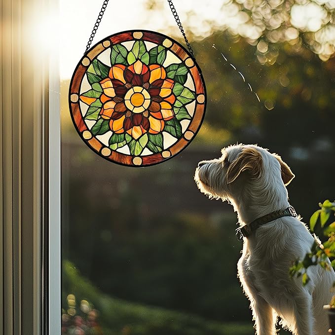 Stained Glass Window Hanging - Yellow Green Boho Style Flowers Sun Catcher for Door Garden Home Decor Suncatcher Christmas Mother's Day Birthday Gifts for Women Mom Girl Nana Friend 6.3 in