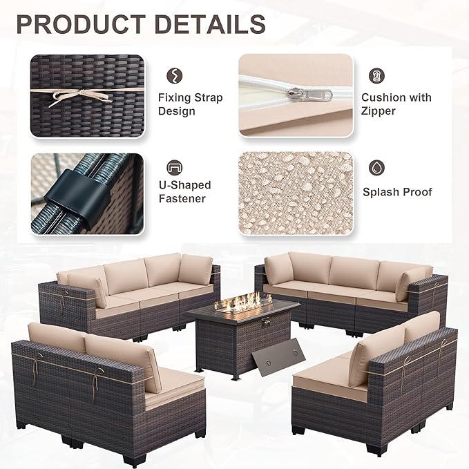 Kurapika 11 Pieces Patio Furniture Set, Rattan Wicker Outdoor Conversation Sets w/43in Propane Fire Pit Table and 4 Inch Cushion(Sand)