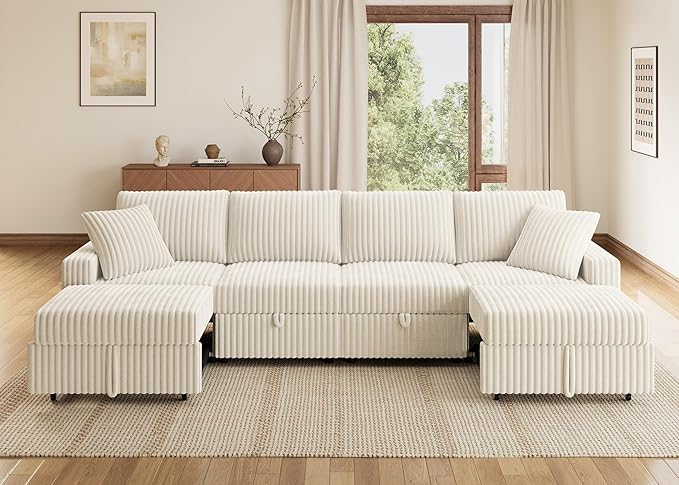 HONBAY Modular Sectional Sofa, L Shaped U Shaped Pull Out Couch with Storage, Velvet White