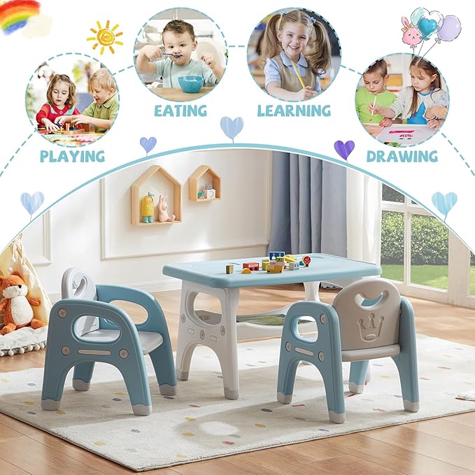 Kids Table and Chair Set, Plastic Children Activity Table with 2 Chairs, Toddler Table and Chair Set for Reading, Drawing, Snack Time, Arts Crafts, Preschool, Gift for Boys Girls