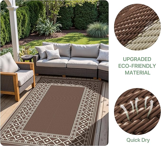 GENIMO Outdoor Rug Waterproof for Patio Decor, 10'x20' Foldable Reversible Plastic Straw Carpet, Outside Area Mat for Rv, Deck, Picnic, Porch, Camper, Balcony, Beach, Coffee & Brown