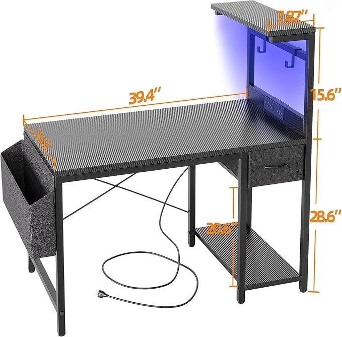TIQLAB Gaming Desk 40 inch with Power Outlet and LED Light, Computer Desk with Reversible Shelves and Storage Drawer, Small PC Desk for Home Office Table with Bag, Carbon Fiber Black