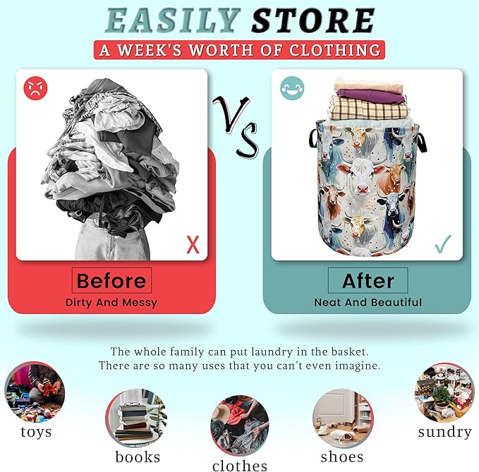 Watercolor Cows Laundry Basket Foldable With Handles Funny Tote BagOxford Cloth Animals Laundry Hamper 18.9" x 16.5" Clothes Storage Bucket Toy Organizer For Bathroom/Laundry/Bedroom