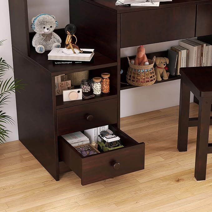 Espresso Kids Desk and Chair Set for 5-12 Year Old, Childrens Computer Desk with 4 Drawers, Kids Study Table with Storage Shelf-fW40