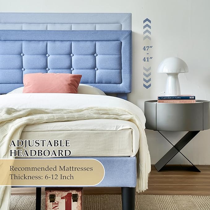 VECELO Twin Size Bed Frame with Adjustable Headboard, Upholstered Button Tufted Platform Bedframe with Wood Slats Support, No Box Spring Needed, Light Blue
