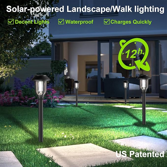 12 Pack Solar Lights Outdoor, 6000K Solar Pathway Lights Waterproof Auto On/Off Powered,Landscape Lighting for Path, Yard, Walkway, Driveway, Garden