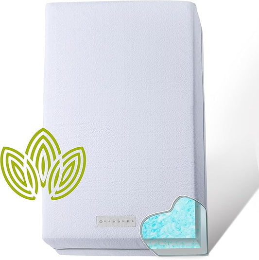 Organic Cotton Dual-Sided Crib Mattress | 2-Stage Premium Memory Foam CertiPUR-US Hypoallergenic Baby Mattress, Firm Support for Infant, Cooling Gel for Toddler, Waterproof Washable Cover, (Blue)