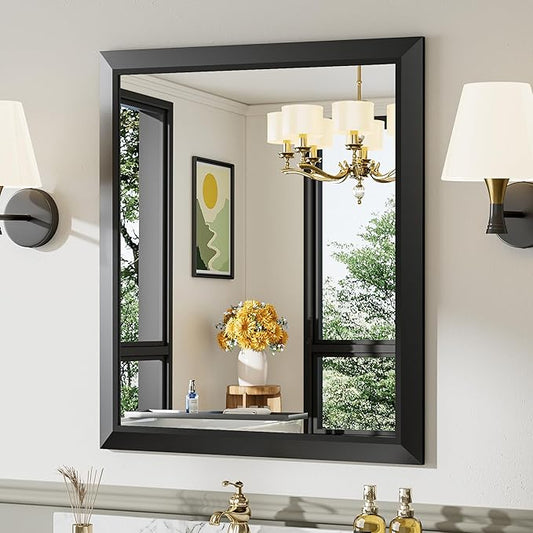 28x32 Inch Black Bathroom Mirror for Wall, Thick Metal Framed Rectangle Mirrors for Over Sink, Bedroom, Living Room, Entryway, Anti-Rust, HD Tempered Glass