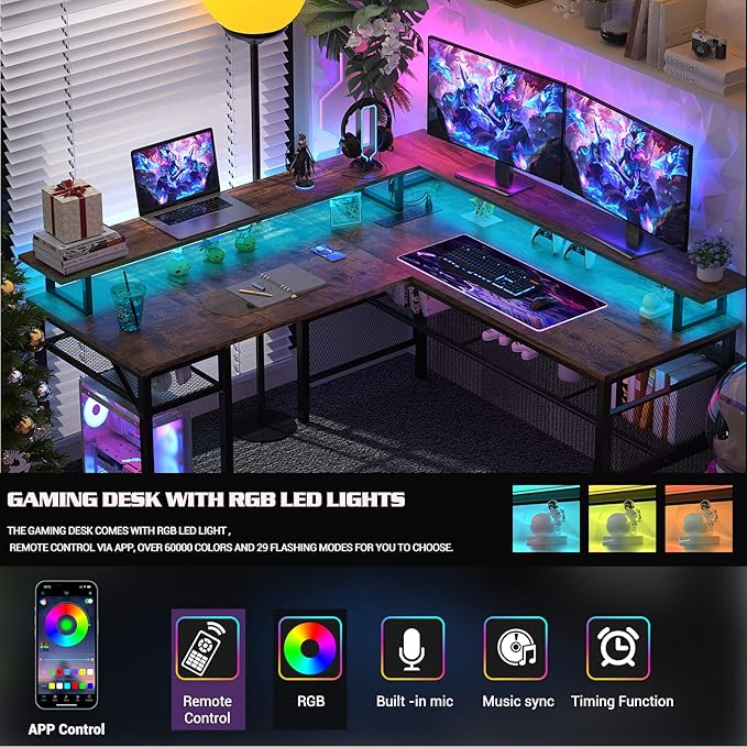Unikito L Shaped Desk with LED Light and Power Outlet, Reversible Corner Computer Table with Monitor Stand and Storage Shelf, Modern L- Shaped Gaming Desk, Ergonomic Home Office Desk, Rustic Brown