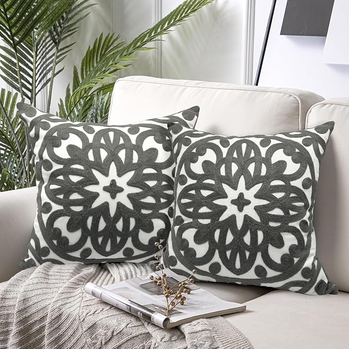 Alysheer Embroidered Decorative Throw Pillow Covers 18"x18" Set of 2 Pieces, Classic Boho Mandala Knit Pattern, Durable Cotton Canvas Cozy Gray Cushion Cases for Sofa Couch Living Room(Grey)