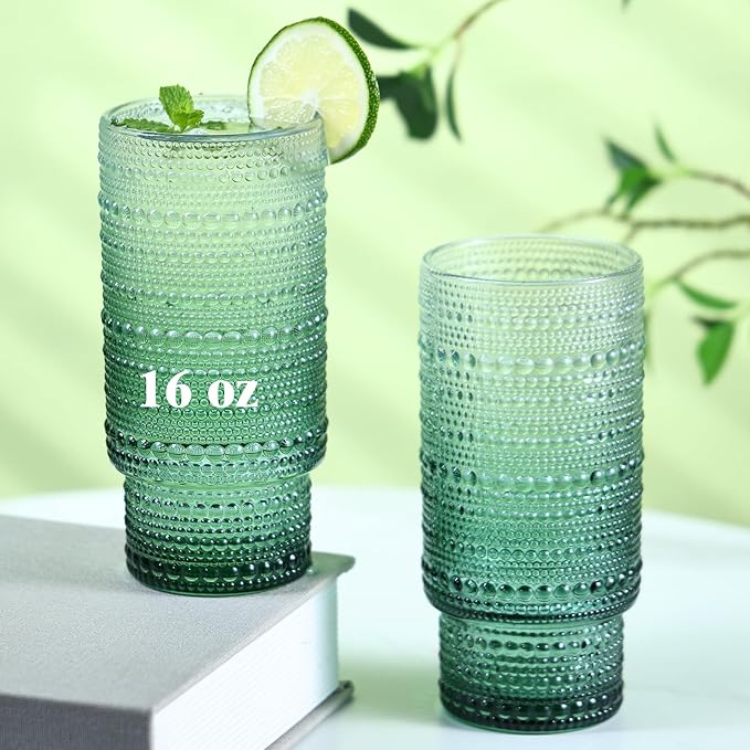 6pcs Hobnail Drinking Glasses Set, 16 oz Vintage Glassware Drinking Glasses, Gradual Dark Green Water Glasses Tumbler, Cups for Kitchen, Juice, Beer, Cocktail, Whiskey