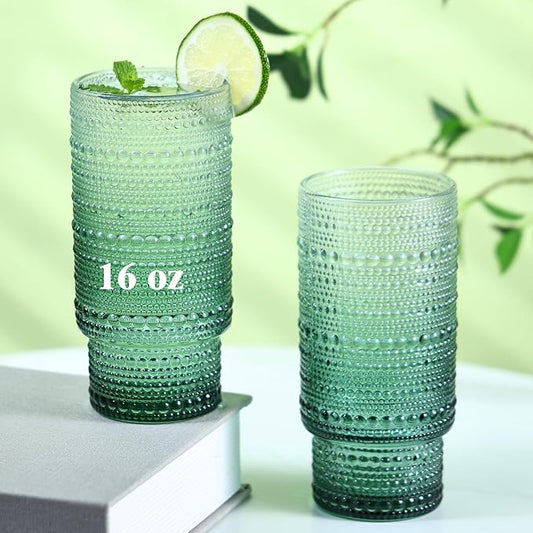 6pcs Hobnail Drinking Glasses Set, 16 oz Vintage Glassware Drinking Glasses, Gradual Dark Green Water Glasses Tumbler, Cups for Kitchen, Juice, Beer, Cocktail, Whiskey