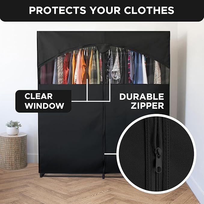 HOLDN’ STORAGE Portable Wardrobe Closet - 65 lb Large Capacity, Internal Heavy Duty Metal Rod, Zipper & Clear Window, Durable Clothes Organizer, Tool-Free Easy Assembly, Black Canvas Cover