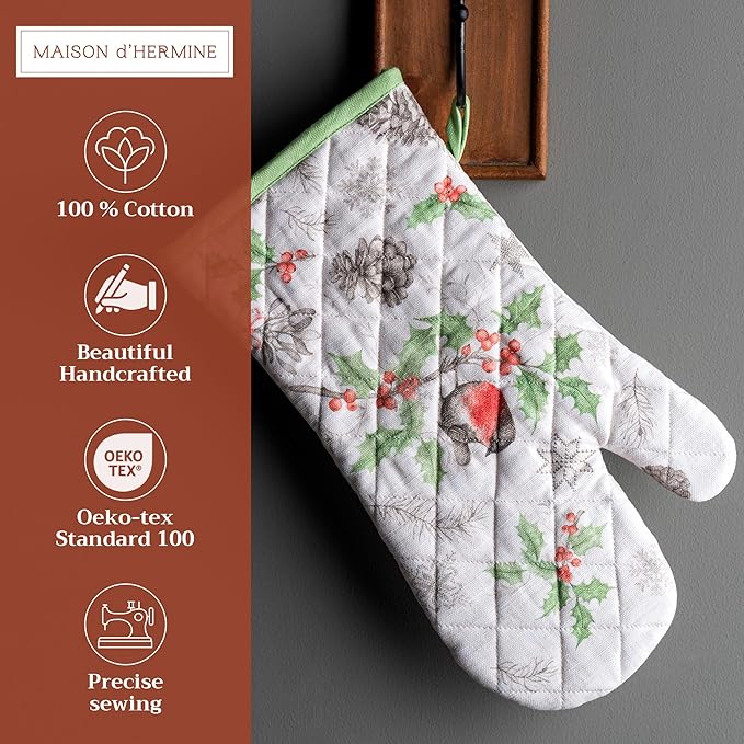 Maison d' Hermine Oven Gloves 100% Cotton Oven Mitt 7" x 13" with Loop Heat Resistant BBQ Cooking Gloves for Thanksgiving Christmas Decorations Baking Handling Hot Pans (Pack of 1, Christmas Dew)