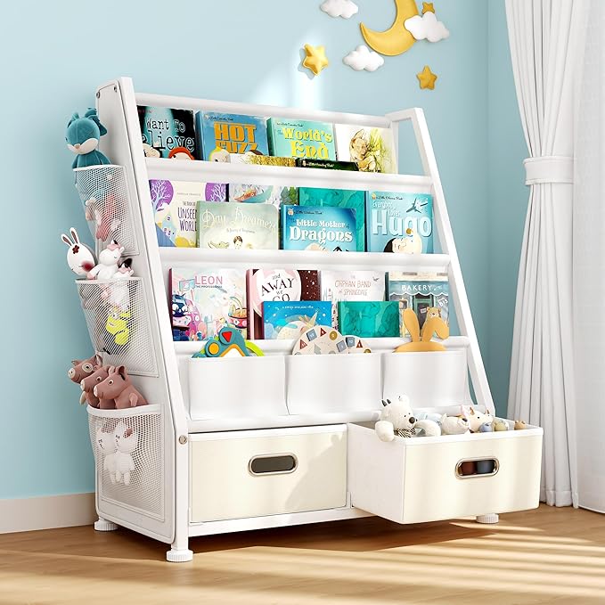 Kids Bookshelf and Toy Storage: Sling Book Shelf for Kids Room with 2 Storage Bins to Books and Toys Organizer, 3-Tier Toddler Bookshelf with 3 Side Pockets for Nursery, Bedroom, Playroom