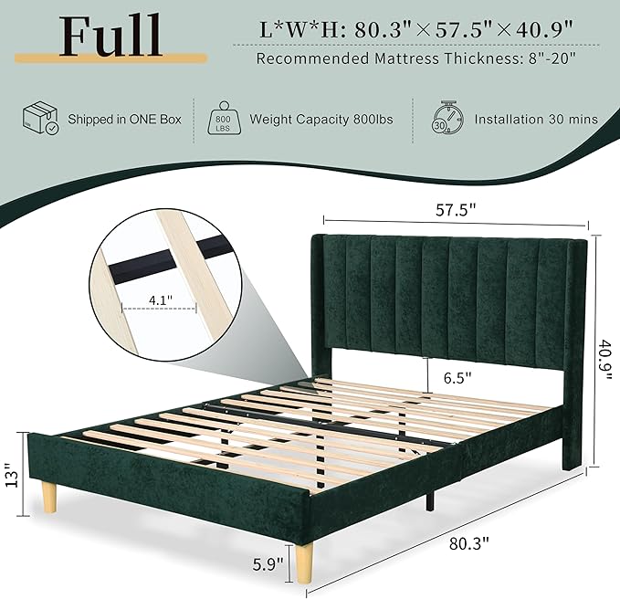Full Size Upholstered Platform Bed Frame with Modern Wingback & Vertical Panel Headboard, Velvet Fabric, Wooden Legs & Slats Support, No Box Spring Needed, Noise-Free & Easy Assembly, Ink Green