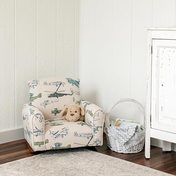 Kid Rocking Chair for Toddlers, Child Chair for Little Kids, Upholstered Toddler Armchair for Children, Comfy and Cute Little Kid Chairs (Rockers, Airplanes Print)