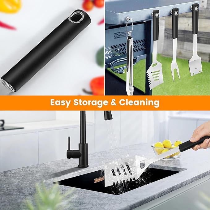 Grill Accessories Kit, Grill Tool Set with 4-in-1 BBQ Spatula, Fork, Tongs, Cleaner Brush, Skewers, Silicone Corn Holders, Silicone Brush, Grilling Gift Set for Men and Women