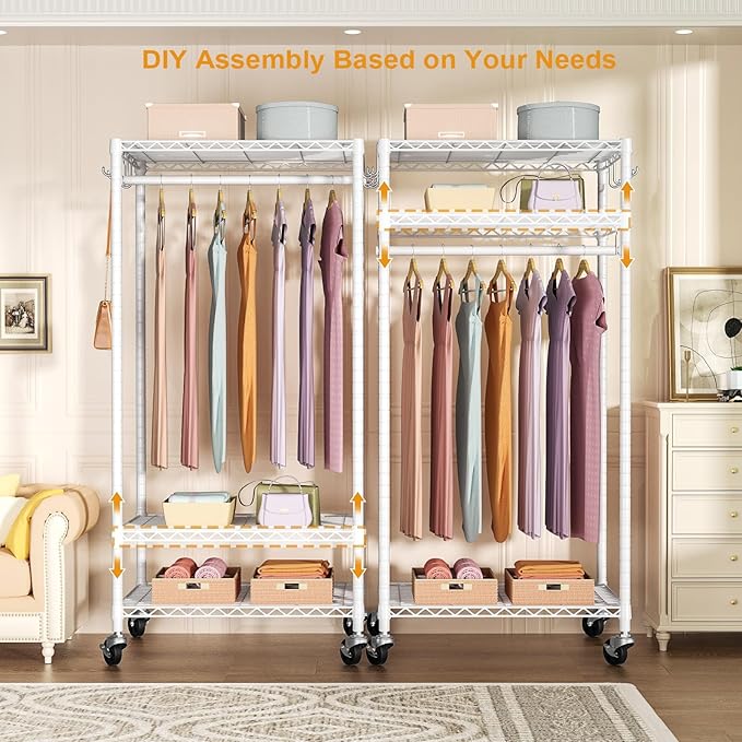 FUTASSI P6 Medium Rolling Clothes Rack Heavy Duty, Clothing Racks for Hanging Clothes, Freestanding Garment Rack with Wheels, Portable Closet Rack Max Load 370 LBS, 30''W x 14''D x 77.6''H, White