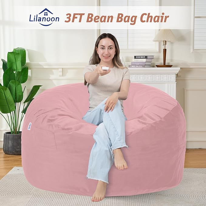 3FT Bean Bag Chair with Ultra Soft Velvet Cover Bean Bag Sofa with Memory Foam Bean Bag Chairs with Large Size Lazy Sofa for Dorm Office Living Room Bedroom Light Pink 3'