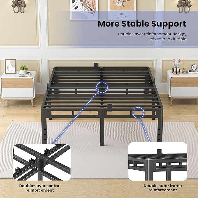NKZ 24 Inch Queen Size Bed Frame, Metal Bed Frame & Box Spring 2 in 1 Platform with Round Corner Legs, 4000Lbs Heavy Duty Metal Frame, Mattress Slide Stopper, Headboard Hole, Noise-Free, Easy Assembly