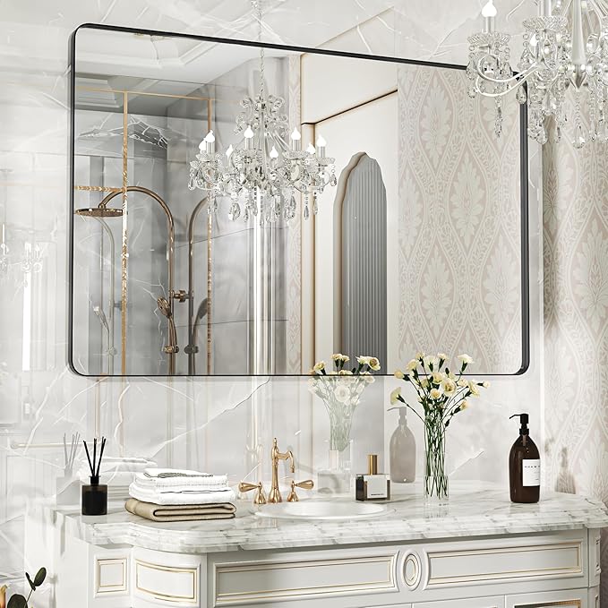 55×36 Black Bathroom Mirror, Rectangular Bathroom Vanity Mirror for Wall with Rounded Corners & Aluminum Alloy Frame, Tempered-Glass, Modern, Farmhouse, Horizontal/Vertical, Entryway, Bedroom