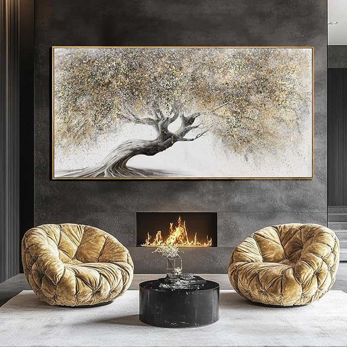 Tree Pictures Wall Decor Gold Canvas Paintings Plant Pictures Wall Art 24"x48" Landscape Decorative Prints for Bedroom Office