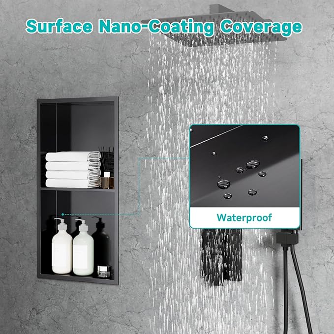 12" X 24" Stainless Steel Shower Niche with Partition, Black Double Shelves Recessed Shower Niche No Tile Needed for Bathroom/Bedroom Storage Over Mount Installation