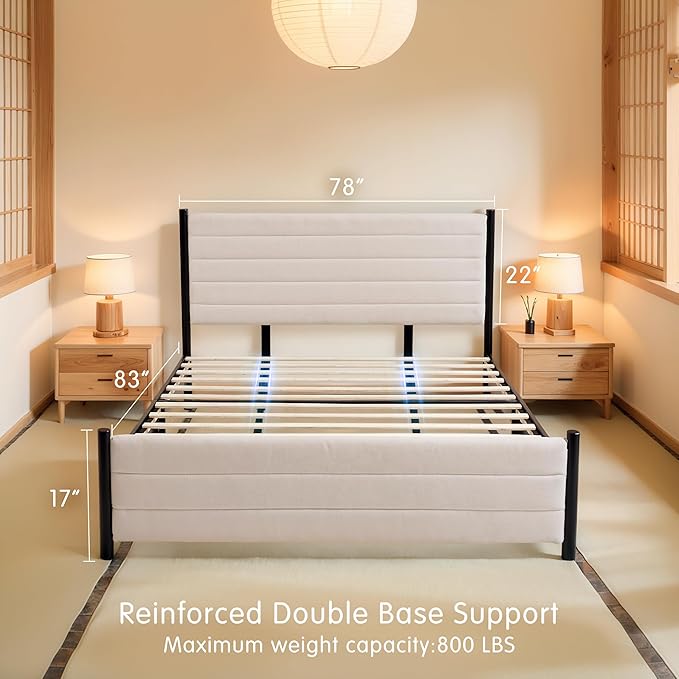 Hokway Bed Frame Upholstered Platform Bed with Headboard Wooden Slat Support No Box Spring Needed(King, Beige)