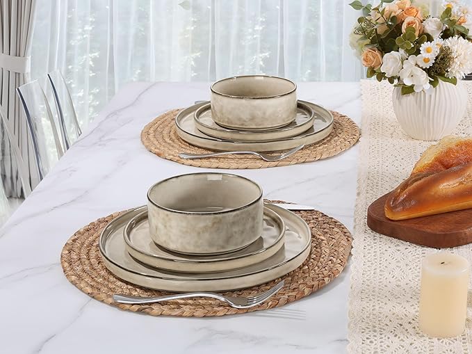 LIANYU Dinnerware Dish Set for 8, 24 Piece Stoneware Plates and Bowls, Ceramic Tableware Sets Includes Dinner Salad Plates, Cereal Bowls, Chip & Scratch Resistant, Sandy Beige