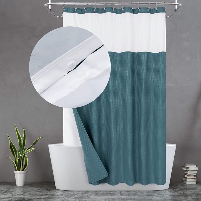 N&Y HOME Waffle Weave Shower Curtain with Snap-in Fabric Liner & 12 Metal Hooks Set - Hotel Style, Waterproof & Washable, Heavyweight Fabric & Mesh Top Window - 71x72, Teal