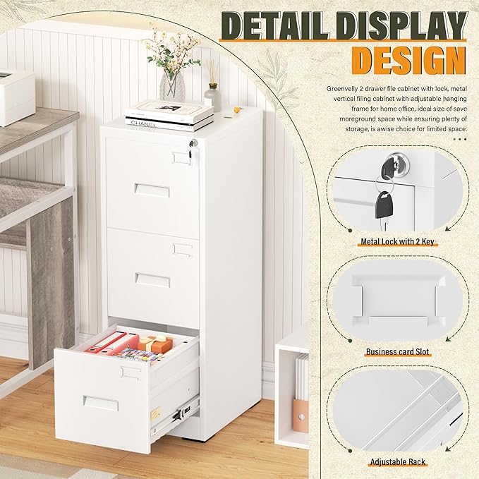 Greenvelly 3 Drawer File Cabinet with Lock, Black Metal Vertical Filing Cabinet for Home Office Fit Legal/Letter/A4/F4 Size with Hanging Bars&Key