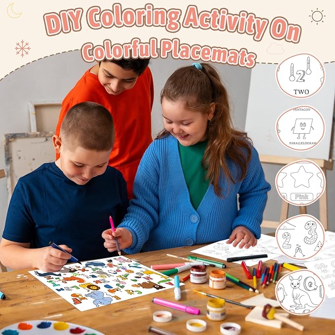 250 Pcs Disposable Coloring Placemats 5 Themed Coloring Activity Sheets Paper Mat Bulk 14.2"x10.2" Dining Table Paper Placemats Disposable Table Mat for Kids DIY (Weather,Shape,Color,Letter) (250)